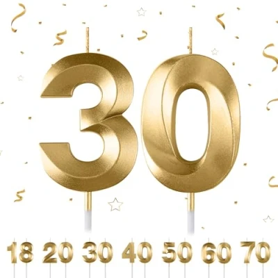 Image of 30th Birthday Number Candles,3D Gold Candle,Number 30 Candle for Party Cake Topper Decorations Woemn Men Anniversary Supplies