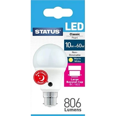 Image of Status 10W Dusk to Dawn Sensor LED GLS Pearl Bulb BC B22 Push in =60W Pack of 4