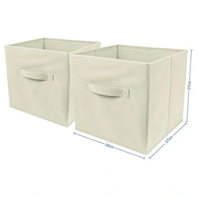 Image of Set of 2 Large Foldable Square Storage Cubes, Fabric Organiser Canvas Cube Boxes Collapsible for Home, Bedroom, Nursery Office, Playroom Toys, 28 x cm (Beige)