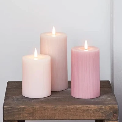 Image of Lights4fun Set of 3 TruGlow® Pink Blush Ribbed Battery Operated LED Flameless Pillar Candles Real Wax with Timer
