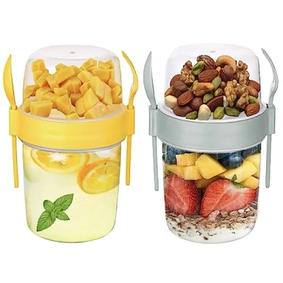Image of VL 2PCs Yogurt Pots Reusable 1100ml Container with Spoon &amp; Fork BPA free Breakfast to Go Muesli Cereal On the Dishwasher Safe Lunch Box Oatmeal Jars, Set of 2 (Grey, Yellow)