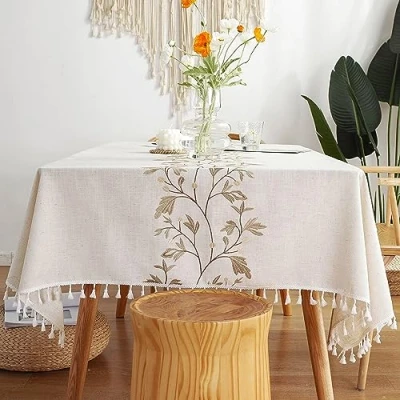 Image of Pahajim Tablecloths Rectangular Washable Cotton Linen Tablecloth Anti Wrinkle Tassel Design Fabric for kitchen, Dining room, Outdoor Garden Tabletop.(55 x 71 Inch)
