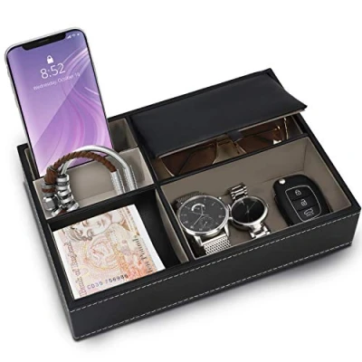 Image of Belle Vous Black Faux Leather 5 Compartment Valet Dresser/Nightstand Organiser Tray Desk Storage Box for Wallet, Phone, Keys, Jewellery, Men&#039;s Accessories, Money, Cufflinks Catchall Bedside