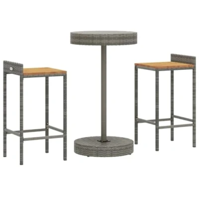 Image of vidaXL Garden Bar Set 3 Piece Acacia Wood and Grey Poly Rattan, Includes Square Table with Slatted Top &amp; Comfortable Stools