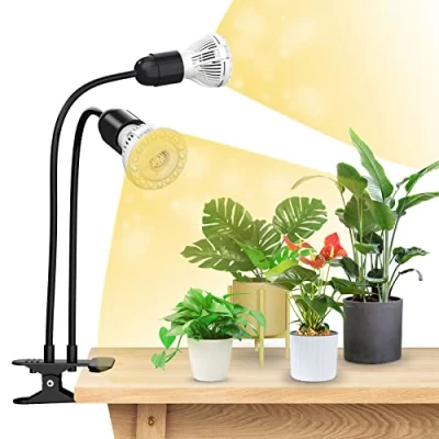 Image of SANSI 300W LED Grow Lights for Indoor Plants with Lifetime Free E27 Bulb Replacement, Full Spectrum Doule Gooseneck Clip Plant Lamp Optical Lens Seedlings Growing Black