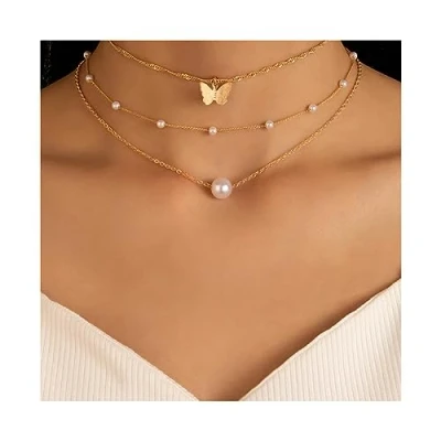 Image of Cubahop Butterfly Choker Necklaces Gold Collar Pearl Pendant Necklace Chain Jewelry for Women and Girls