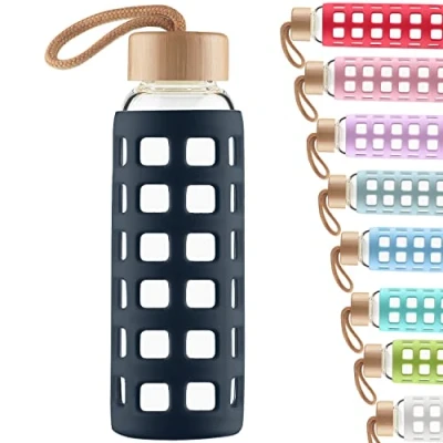 Image of Cleesmil Sports Glass Water Bottle with Silicone Sleeve Bamboo Lid BPA Free 1000 ml / 1 litre （Navy Blue）