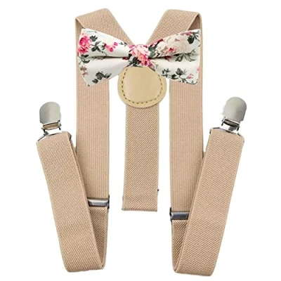 Image of Children Kids Boys Luxury Cotton Pre Tied and Elasticated Bow Tie &amp; Cream Beige Braces set (Cream Floral) suitable for formalwear, weddings, parties, pageboy outfits