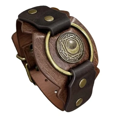 Image of HiiFeuer Medieval Embossed Alchemy Faux Leather Cuff Bracelet, Fantasy Retro Wristband, Wizard Buckle Fastening Bangle Bracelet (Brown E)