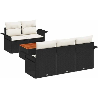 Image of vidaXL 6 Piece Garden Sofa Set with Cushions Black Poly Rattan Acacia