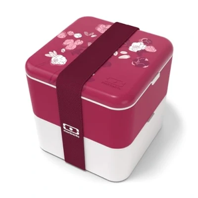 Image of monbento MB Square graphic Magnolia lunch box Large airtight 2 compartment bento Ideal for work/picnic BPA free and durable Made in France Flowers, Pink White