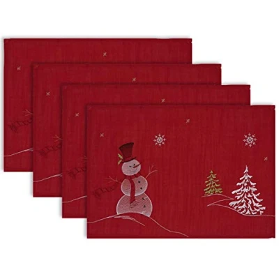 Image of DII Christmas Kitchen, Polyester, Red, Snowman Placemat Set, 13x19