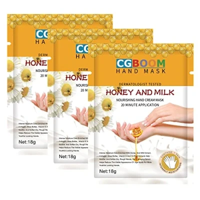 Image of 3 Pairs Hands Moisturizing Gloves, Hand Skin Repair Renew Mask w/Infused Collagen, Moisture Enhancing Gloves for Dry, Aging, Cracked Hands(Honey&amp;Milk))