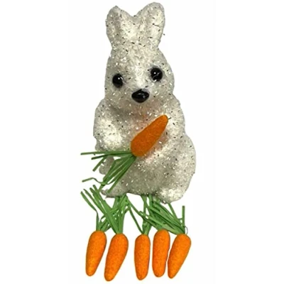 Image of P Store Easter Bunny Rabbit Tinsel Shimmer 6&quot; Decor Table Decoration Office Desk Spring (White + 6 Mini Carrots)