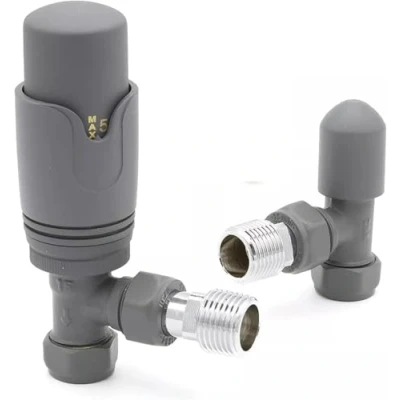 Image of Team Controls Anthracite Grey Angled TRV Thermostatic Radiator Valve &amp; Lockshield 15mm Pack Set Pair