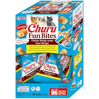 Image of Churu Fun Bites by INABA Cat Treat Chicken with Tuna 1 Pack (8 x 12g) / Soft Baked Pouches Creamy Filling, Delicious &amp; Healthy Snack for Cats, Training Treat, Natural, Grain Free