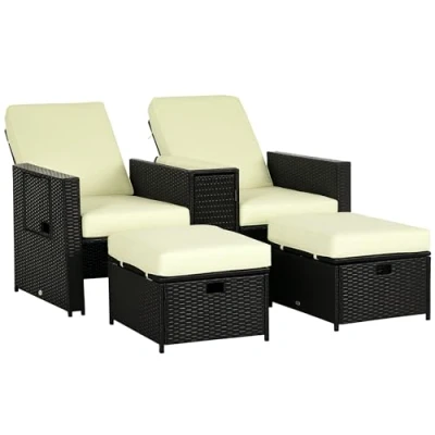 Image of Outsunny 5PC PE Rattan Sun Lounger, Outdoor Wicker 5 level Adjustable Recliner Sofa Bed with Storage Side Table and Footstools, for Patio, Garden, Poolside, Black