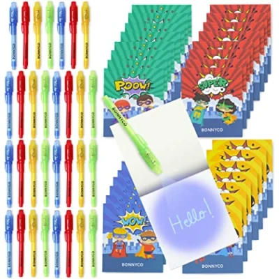 Image of BONNYCO Invisible Ink Pen and Notebook, Pack 32 Superhero Party Bags Fillers, Pinata Toys Birthday Decorations Stocking Fillers for Kids School Prizes, Gifts Children