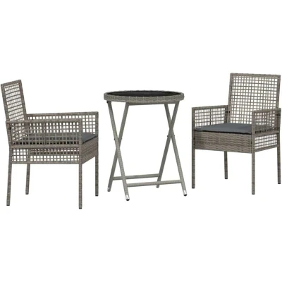 Image of vidaXL 3 Piece Garden Bistro Set with Cushions Grey Poly Rattan