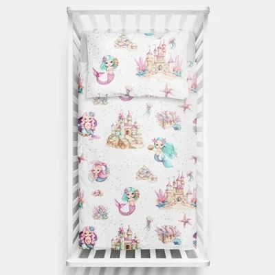 Image of 2 Piece Baby Kids Bedding Set 120x90 cm Duvet Cover &amp; Pillowcase for Toddler Cot (Mermaids)