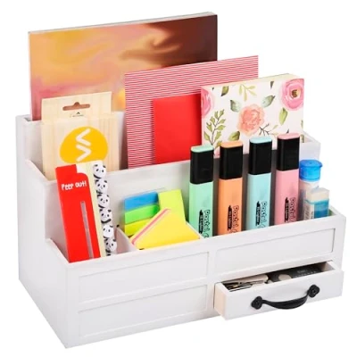 Image of Belle Vous White Desk Organiser with Storage Drawer Multifunctional Tidy Holder For Desktop Accessories, Letters/Mail, Supplies/Stationery, Files, Pen/Pencil &amp; More Home, Office or School