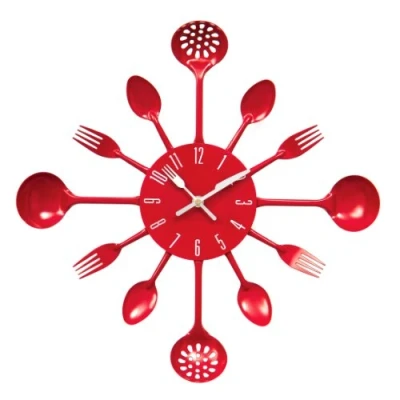 Image of Premier Housewares Red Wall Clock Kitchen Themed Clocks Metal For Living Room Frameless Modern 33x33x5