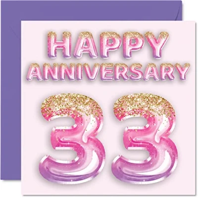 Image of Pretty 33rd Anniversary Card for Wife Girlfriend Husband Boyfriend Pink Purple Glitter Balloons Happy 33 Cards from Family, 145mm x Greeting Thirty Third Anniversaries