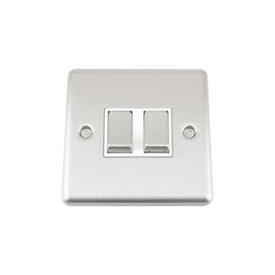 Image of A5 Light Switch Double 2 Gang Satin Brushed Chrome Classic White Insert Metal Rocker Switches 10A 1 Way