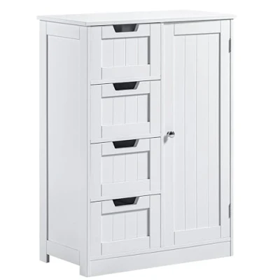 Image of Bath Vida Bathroom Cabinet 4 Drawer Floor Storage Cupboard Wooden Unit With 1 Door, Height Adjustable Shelf, White