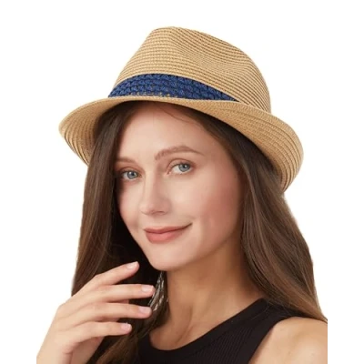 Image of Zylioo Large Straw Hats for Big Heads, Trilby Fedora Roll up Jazz Beach Hat Mens Holiday Sun Protection