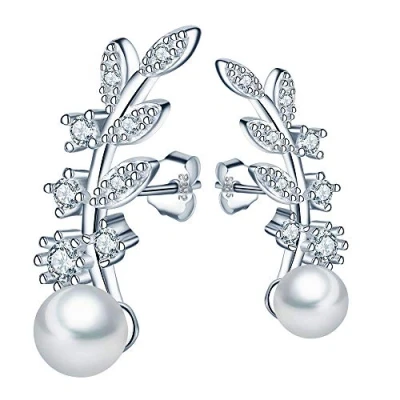 Image of MICGIGI Women Stylish Leaves Pearl Earrings 925 Sterling Silver Zirconia Stud 5mm Pearl(Silver)