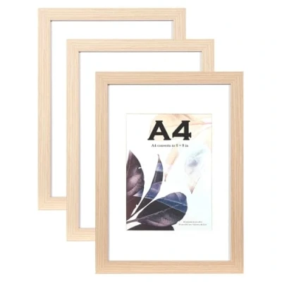 Image of Natural Wooden Picture Frame A4 with Mount,Set of 3,A4 Frame,A4 Poster certificate frame,Freestanding and Wall Mountable
