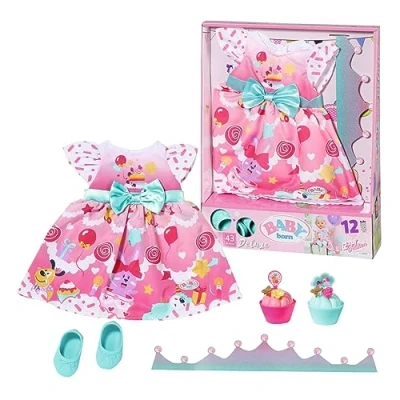 Image of Baby born Deluxe Birthday Party Dress Set 834152 Accessories for Dolls up to 43cm Includes Dress, Tiara, Shoes, and Cupcakes Suitable Kids from 3+