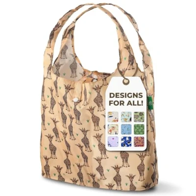 Image of ECO CHIC Lightweight Foldable Reusable Shopping Bag Water Resistant Tote (Giraffes Beige)