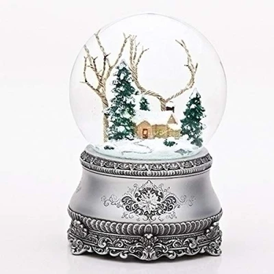 Image of 5.5 Cottage With Tree Glitter Silver Base 100mm Dome Plays I&#039;ll Be Home For Christmas by Roman
