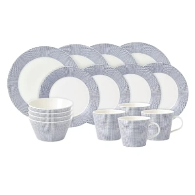 Image of Royal Doulton Dinner Set, Stoneware, Designed to Mix &amp; Match, 1815 Pacific Dinnerware Blue Dots, 16 Piece Set