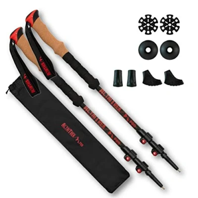 Image of ALTAITREK PRO Telescopic carbon fiber trekking poles with quick locking system, ultralight for hiking, mountain, camping. Natural cork handle. Sticks. Baton. Pair