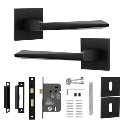 Image of Decoranddecor Black Door Handles Internal Aluminium Handle Sets for Wooden Interior Doors with Lock and Keys Leda Range