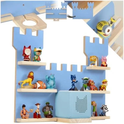 Image of tectake® Floating Shelf for Tonies, 6 Wooden Wall Shelves with Magnetic Strips &amp; Rounded Corners, Toy Storage Unit up to 16 Children&#039;s Bedroom Playroom Blue Castle