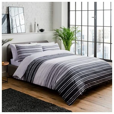 Image of Sleepdown Duvet Cover Set Textured Stripe Reversible Quilt Easy Care Bed Linen Soft Cosy Bedding Sets with Pillowcase Black Grey Single (135 cm x 220 cm)