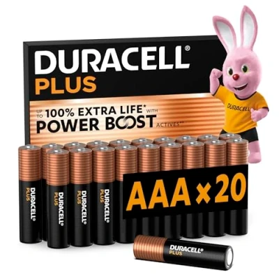 Image of DURACELL Plus AAA Batteries (20 Pack) Alkaline 1.5V Up to 100% Extra Life with POWER BOOST Actives Reliability For Everyday Devices 0% Plastic Packaging 10 Year Storage LR03 MN2400