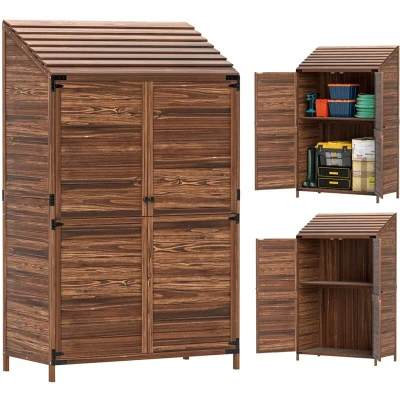 Image of Outsunny Wooden Garden Storage Shed with Double Doors and Shelves Mixed Brown 84H 184V00BN