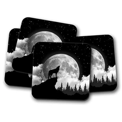 Image of 4 Set Full Moon Wolf Coaster Mysterious Silhouette Howling Husky #15358