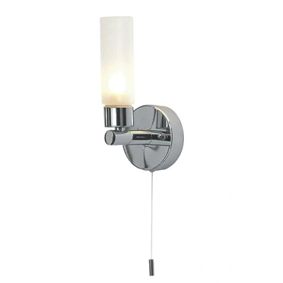 Image of firstchoicelighting Modern Polished Chrome &amp; Glass IP44 Bathroom Wall Light with Pull Cord Switch
