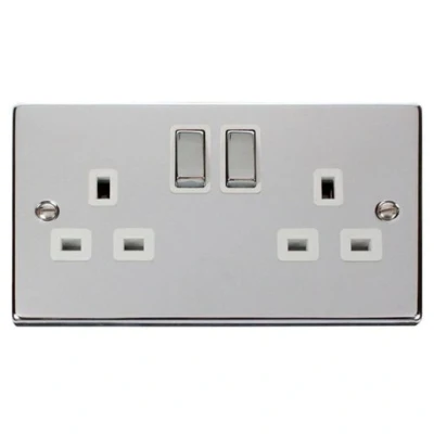 Image of Click Scolmore Decorative 13 A Ingot 2 Gang Double Pole Switched Socket Polished Chrome White VPCH536WH