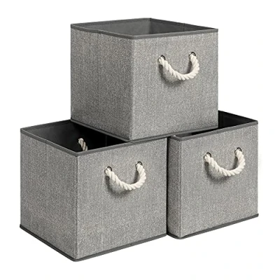 Image of SONGMICS Fabric Storage Boxes, Set of 3 Cubes and Baskets, Collapsible Foldable Without Lid, with Handles, 30 x cm, Linen Pattern, Grey RFB016G01