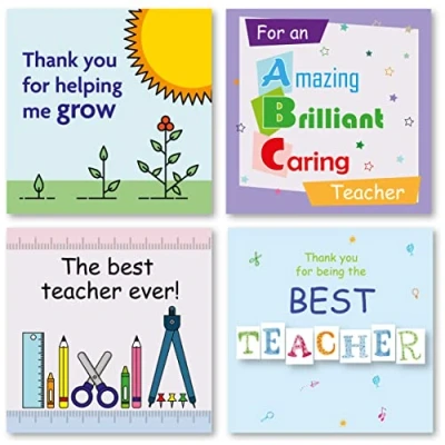 Image of Teacher Thank You Cards Multipack of 4. Each Greeting Pack includes 4 Designs (Vol 2). 115 x 115mm. Blank Inside. Envelopes included. Made in UK.