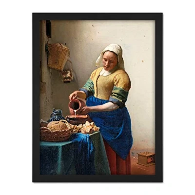 Image of Artery8 Vermeer The Milkmaid Woman Kitchen Painting Artwork Framed Wall Art Print 18X24 Inch