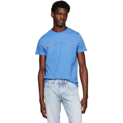 Image of Tommy Hilfiger Men Short Sleeve T Shirt Stripe Chest Tee Crew Neck, Blue (Blue Spell), XS