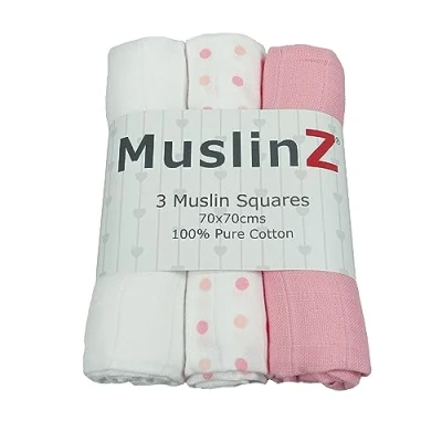 Image of MuslinZ Baby Muslin Squares Burp Cloths 3 Pack 100% Pure Cotton, 70cms, Essential, Soft Breathable and Absorbent (Pink Combo)